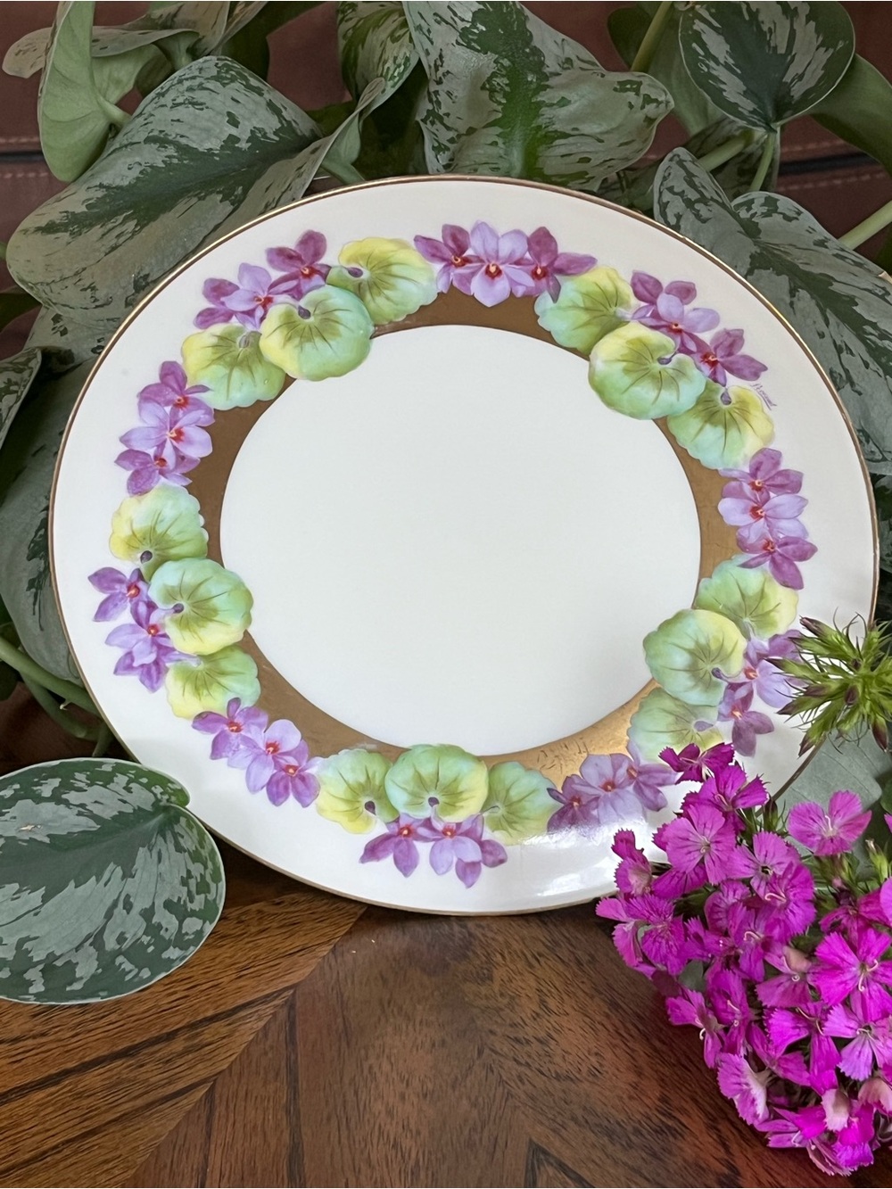 Vintage Bavaria Hand Painted Violet Floral Plate 8.25” Gold Rim